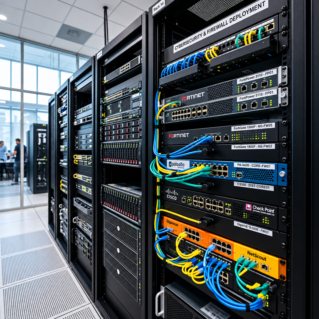 Rack of enterprise network and firewall equipment with neatly patched cabling in a data center