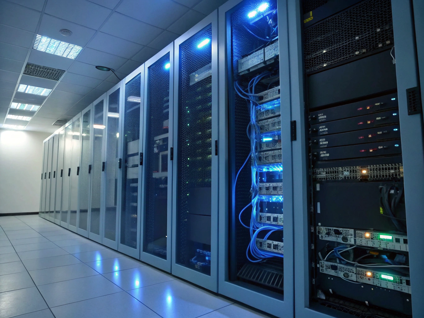 Clean IT equipment room with network cabinet and patch panel