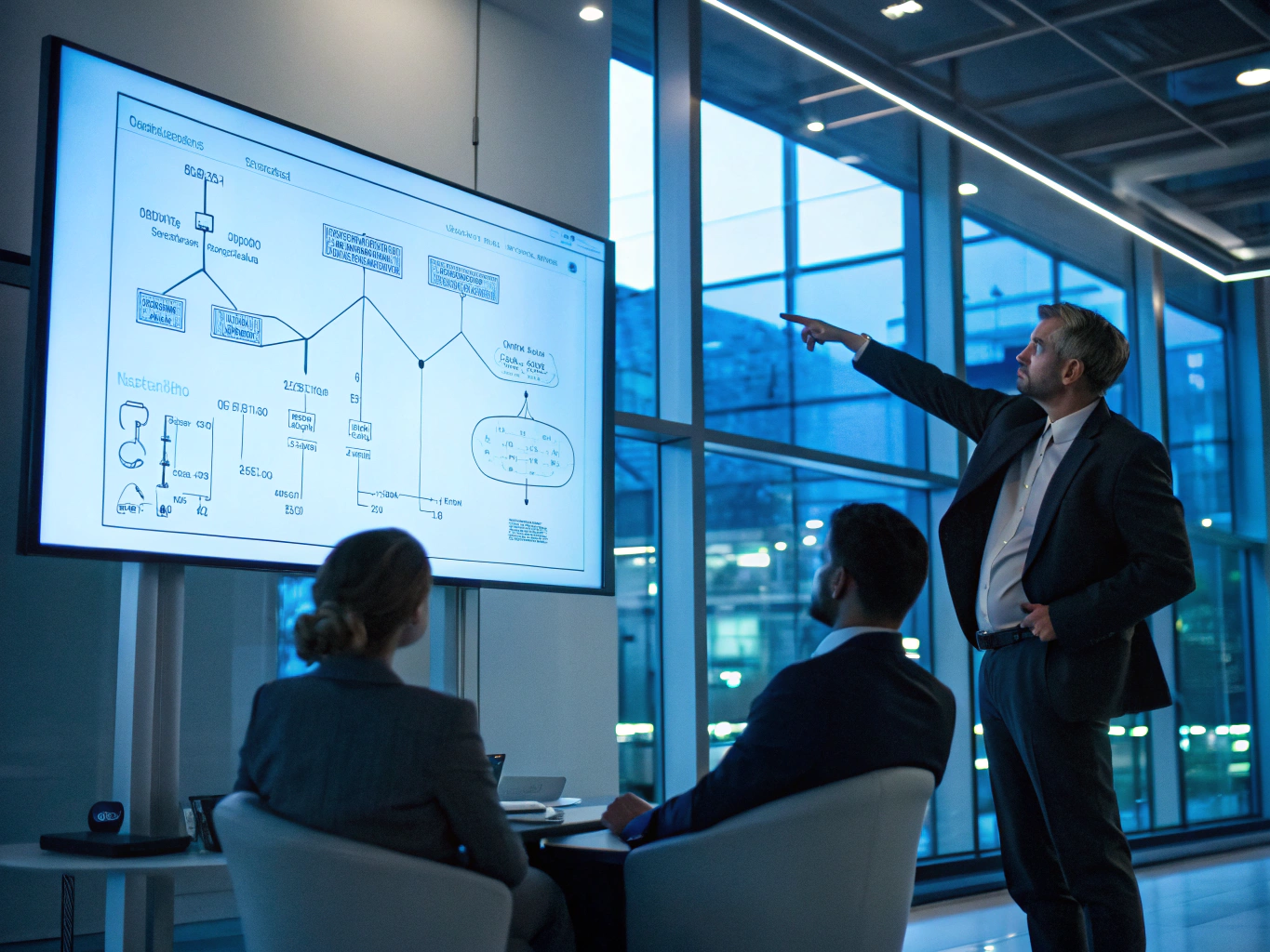 IT planning workspace with network topology diagrams on screens