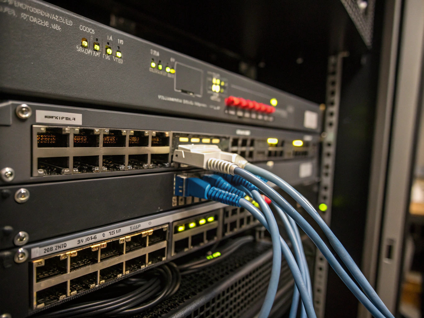 Professional rack-mounted networking equipment with structured cabling