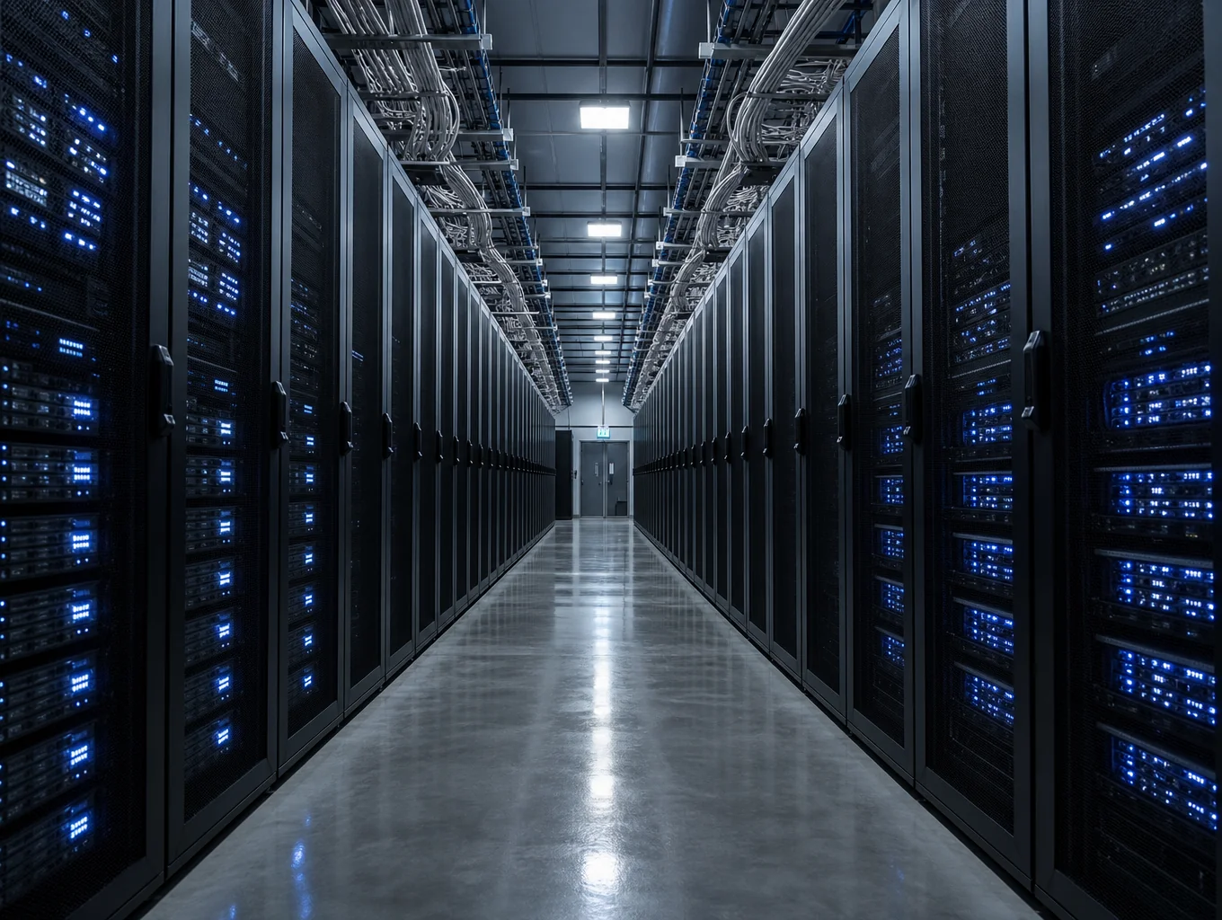 Server racks and organised network equipment in a modern data center
